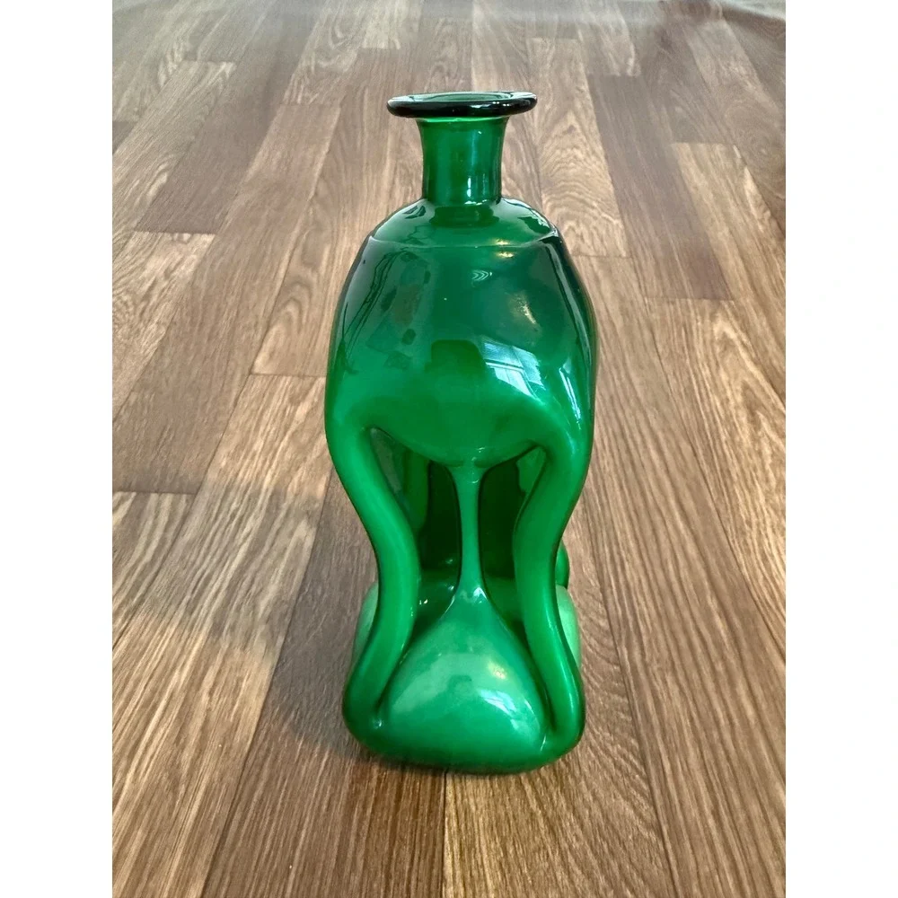 Vintage Emerald Green Pinch Dimple Blown Glass Decanter MCM Art Glass Vase